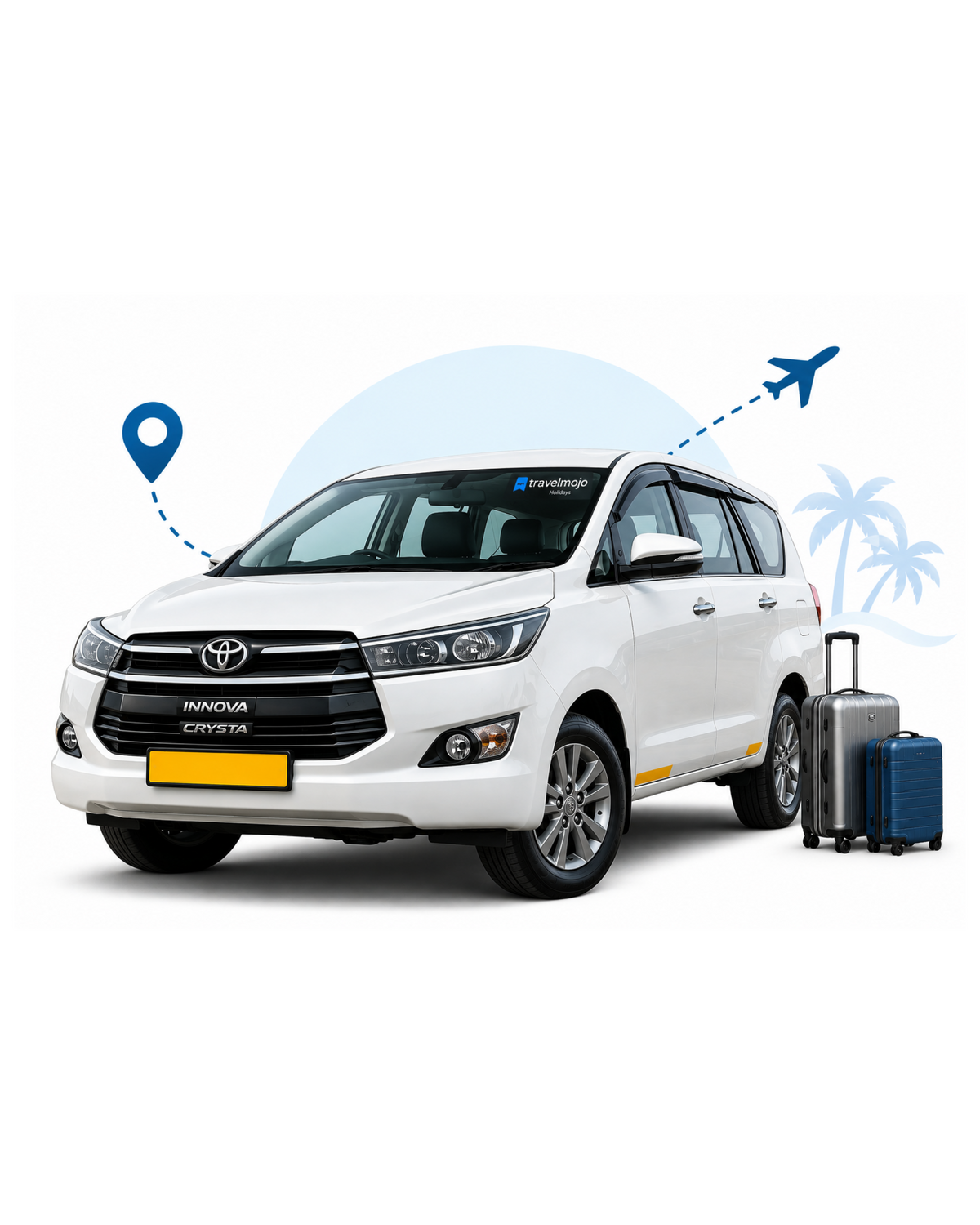 A white Toyota minivan is shown on a clean white background with travel-themed graphic elements, including a blue map pin, airplane, palm trees, and two suitcases.